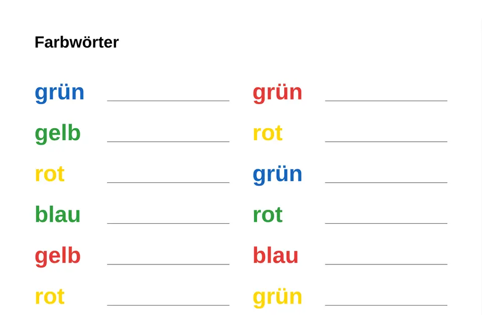 Beispiel-Ergebnis von Farbwörter mit bunten Wörtern und Antwortlinien